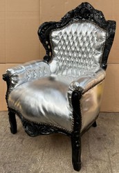 Casa Padrino baroque armchair silver / black - Handmade solid wood living room armchair with faux leather - Antique style living room armchair - Baroque living room furniture