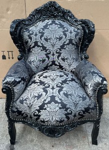 Casa Padrino sillón barroco plata patrón / negro - Sillón de salón de madera maciza hecho a mano - Sillón de salón de estilo antiguo - Muebles de salón de estilo barroco - Muebles barrocos