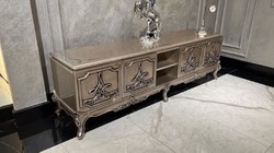 Casa Padrino armoire TV baroque de luxe argent - Magnifique buffet en bois massif avec 4 portes - Meuble de salon de style baroque - Meuble baroque - Noble et Magnifique