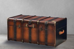 Casa Padrino mesa de centro de lujo en óptica maleta marrón / latón 110 x 59 x A. 51 cm - Mesa de salón maleta con espacio de almacenamiento - Muebles de lujo en óptica maleta - Colección de lujo