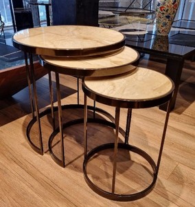 Casa Padrino luxury side table set beige / brass - 3 Round metal tables with marble top - Living room furniture - Hotel furniture - Luxury furniture - Luxury furnishings