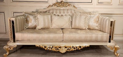 Casa Padrino divano da soggiorno barocco di lusso oro / crema / oro - Divano in stile barocco fatto a mano - Mobili da soggiorno di lusso in stile barocco - Mobili barocchi - Nobile e Magnifico