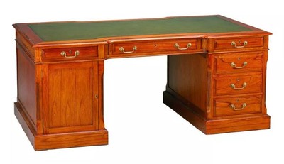Casa Padrino escritorio de lujo marrón claro / cuero genuino verde 190 x 105 x A. 79 cm - secretaria de estilo antiguo de madera maciza con 6 cajones