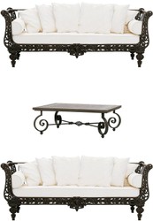 Casa Padrino Luxury Baroque Wrought Iron Furniture Set Dark Brown / White - 2 Sofas & 1 Coffee Table - Living Room Furniture - Garden Furniture - Luxury Baroque Furniture