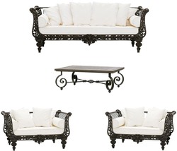 Casa Padrino Luxury Baroque Wrought Iron Furniture Set Dark Brown / White - 1 Sofa & 2 Armchairs & 1 Coffee Table - Living Room Furniture - Garden Furniture - Luxury Baroque Furniture