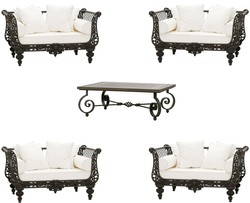 Casa Padrino Luxury Baroque Wrought Iron Furniture Set Dark Brown / White - 4 Armchairs & 1 Coffee Table - Living Room Furniture - Garden Furniture - Luxury Baroque Furniture