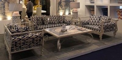 Casa Padrino Luxury Baroque Wrought Iron Furniture Set White / Blue / Gold - 1 Sofa & 2 Armchairs & 1 Coffee Table - Living Room Furniture - Garden Furniture - Luxury Baroque Furniture