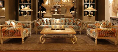 Casa Padrino Luxury Baroque Wrought Iron Furniture Set Green / Orange / White - 1 Sofa & 2 Armchairs & 1 Coffee Table - Living Room Furniture - Garden Furniture - Luxury Baroque Furniture