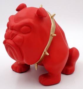 Casa Padrino figura decorativa de lujo perro bulldog con collar rojo / oro A. 55 cm - Escultura decorativa de resina - Decoración salón - Figura animal decorativa de lujo