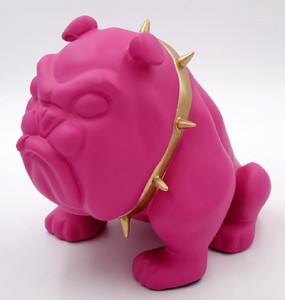 Casa Padrino figura decorativa de lujo perro bulldog con collar rosa / oro A. 55 cm - Escultura decorativa de resina - Decoración salón - Figura animal decorativa de lujo