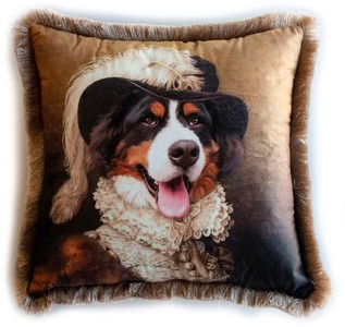 Casa Padrino cuscino decorativo di lusso signore san bernardo multicolore / marrone 45 x 45 cm - Cuscino in velluto stampato con frange - Accessori decorativi di lusso