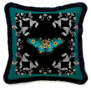 Luxus Designer Deko Kissen mit Fransen Schmetterling & Blumen Luxury Designer Decorative Pillow with Fringes Butterfly & Flowers