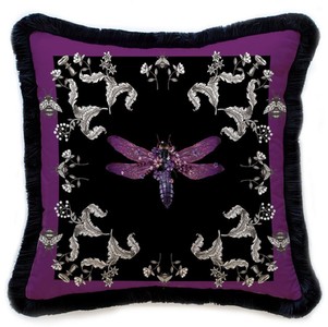 Luxus Designer Deko Kissen mit Fransen Libelle & Blumen Luxury Designer Decorative Pillow with Fringes Dragonfly & Flowers
