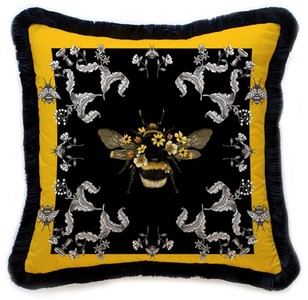 Luxus Designer Deko Kissen mit Fransen Hummel & Blumen Luxury Designer Decorative Pillow with Fringes Bumblebee & Flowers