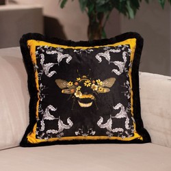 Luxus Designer Deko Kissen mit Fransen Hummel & Blumen Luxury Designer Decorative Pillow with Fringes Bumblebee & Flowers