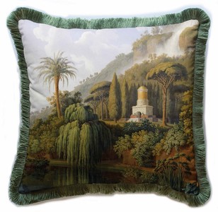 Casa Padrino cojín decorativa de lujo paisaje multicolor / verde 45 x 45 cm - Almohada de terciopelo estampado con flecos - Accesorios decorativos de lujo