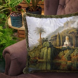 Luxus Designer Deko Kissen mit Fransen Landschaft Mehrfarbig Grün Luxury Designer Decorative Pillow with Fringes Landscape Multicolored Green