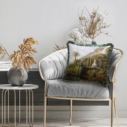 Luxus Designer Deko Kissen mit Fransen Landschaft Mehrfarbig Grün Luxury Designer Decorative Pillow with Fringes Landscape Multicolored Green