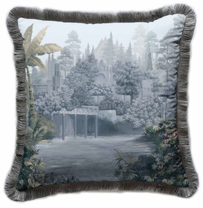 Luxus Designer Deko Kissen mit Fransen Antike Landschaft Mehrfarbig Grau Luxury Designer Decorative Pillow with Fringes Antique Landscape Multicolored Gray