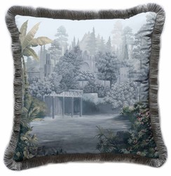 Luxus Designer Deko Kissen mit Fransen Antike Landschaft Mehrfarbig Grau Luxury Designer Decorative Pillow with Fringes Antique Landscape Multicolored Gray