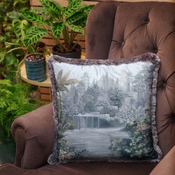 Luxus Designer Deko Kissen mit Fransen Antike Landschaft Mehrfarbig Grau Luxury Designer Decorative Pillow with Fringes Antique Landscape Multicolored Gray