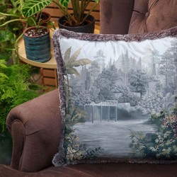 Luxus Designer Deko Kissen mit Fransen Antike Landschaft Mehrfarbig Grau Luxury Designer Decorative Pillow with Fringes Antique Landscape Multicolored Gray