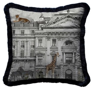 Luxus Designer Deko Kissen mit Fransen Prunkvolles Haus & Tiere Luxury Designer Decorative Pillow with Fringes Magnificent House & Animals