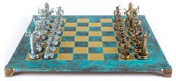 Casa Padrino conjunto de ajedrez de lujo turquesa / latón 54 x 54 cm - Conjunto de ajedrez griego - Tablero de ajedrez de latón con piezas de ajedrez - Accesorios decorativos de lujo