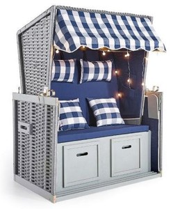 Holz Strandkorb mit Dach und LED Beleuchtung Grau Blau Weiß Wooden Beach Chair with Roof and LED Lighting Gray Blue White