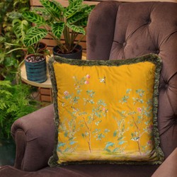 Luxus Designer Deko Kissen Sträucher mit Blumen & Vögel Gelb Mehrfarbig Grün Luxury Designer Decorative Pillow Shrubs with Flowers & Birds Yellow Multicolored Green
