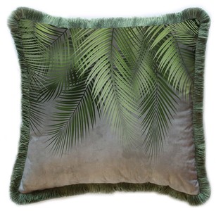 Luxus Designer Deko Kissen mit Fransen Palmenbätter Grau Grün Luxury Designer Decorative Pillow with Fringes Palm Leaves Gray Green
