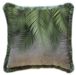 Luxus Designer Deko Kissen mit Fransen Palmenbätter Grau Grün Luxury Designer Decorative Pillow with Fringes Palm Leaves Gray Green