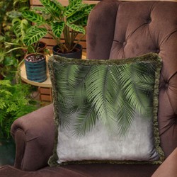 Luxus Designer Deko Kissen mit Fransen Palmenbätter Grau Grün Luxury Designer Decorative Pillow with Fringes Palm Leaves Gray Green