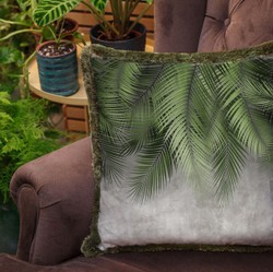 Luxus Designer Deko Kissen mit Fransen Palmenbätter Grau Grün Luxury Designer Decorative Pillow with Fringes Palm Leaves Gray Green