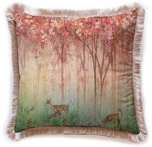 Luxus Designer Deko Kissen mit Fransen Wald und Tiere Mehrfarbig Braun Luxury Designer Decorative Pillow with Fringes Forest and Animals Multicolored Brown
