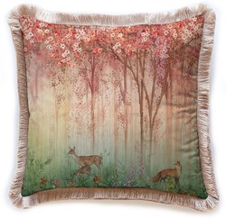 Luxus Designer Deko Kissen mit Fransen Wald und Tiere Mehrfarbig Braun Luxury Designer Decorative Pillow with Fringes Forest and Animals Multicolored Brown