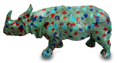 Casa Padrino Escultura Decorativa de Bronce de Diseño de Lujo Rinoceronte Verde / Multicolor 35 x 7 x A. 17 cm - Figura Decorativa de Bronce Hecha a Mano - Calidad de Lujo - Hecho en Italia
