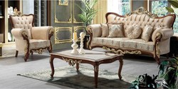 Casa Padrino ensemble de salon baroque de luxe beige / marron / or - 1 Canapé Baroque avec Motif & 2 Fauteuils Baroque avec Motif & 1 Table Basse Baroque - Magnifique meubles de salon baroques
