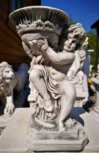 Casa Padrino Escultura Art Nouveau Niño con Maceta Gris A. 33 cm - Elegante Decoración de Jardín Figura de Piedra con Maceta - Accesorios de Decoración de Jardín Barroco y Art Nouveau