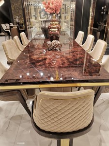 Casa Padrino Luxus Art Deco Esstisch Braun / Beige / Gold 226 x 112 x H. 70 cm - Massivholz Küchentisch mit Tischplatte in Marmoroptik - Esszimmer Möbel - Art Deco Möbel - Luxus Möbel