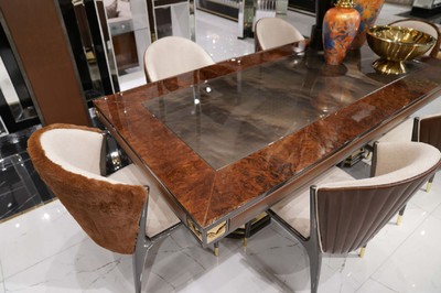 Casa Padrino Luxus Esstisch Braun / Grau / Gold 226 x 112 x H. 70 cm - Rechteckiger Küchentisch mit Spiegelglas und edlem Kunstleder - Esszimmer Möbel - Luxus Möbel