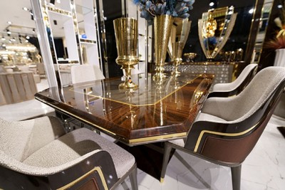 Casa Padrino Luxus Esstisch Grau / Braun / Gold 226 x 112 x H. 70 cm - Rechteckiger Massivholz Küchentisch - Esszimmer Möbel - Luxus Möbel - Luxus Kollektion