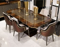 Casa Padrino table de salle à manger de luxe gris / marron / or 226 x 112 x H. 70 cm - Table de cuisine rectangulaire en bois massif - Mobilier de salle à manger - Mobilier de luxe