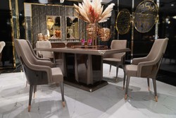 Luxus Massivholz Esstisch Esszimmertisch Küchentisch Dunkelbraun Grau Kupfer Luxury Solid Wood Dining Room Table Kitchen Table Dark Brown Gray Copper