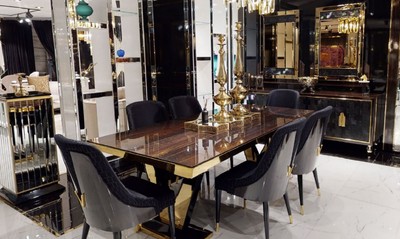 Casa Padrino Luxus Esstisch Dunkelbraun / Gold 220 x 110 x H. 81 cm - Rechteckiger Massivholz Küchentisch - Esszimmer Möbel - Luxus Möbel - Luxus Einrichtung
