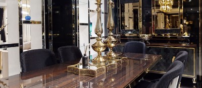 Casa Padrino Luxus Esstisch Dunkelbraun / Gold 220 x 110 x H. 81 cm - Rechteckiger Massivholz Küchentisch - Esszimmer Möbel - Luxus Möbel - Luxus Einrichtung
