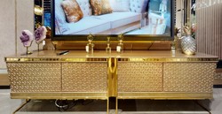 Casa Padrino armoire TV de luxe gris / or 254 x 50 x H. 65 cm - Buffet en bois massif avec 4 portes - Meuble de salon - Meuble de luxe - Ameublement de luxe