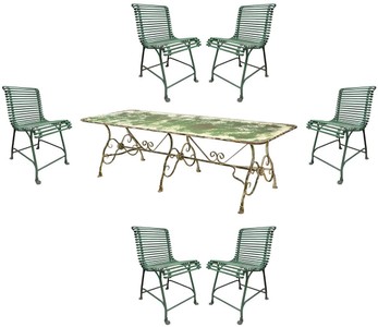 Jugendstil Gartenmöbel Set Tisch und 6 Stühle Antik Grün Art Nouveau Garden Furniture Set Table and 6 Chairs Antique Green Jugendstil Gartenmöbel Set Tisch und 6 Stühle Antik Grün Art Nouveau Garden Furniture Set Table and 6 Chairs Antique Green