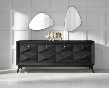 Casa Padrino Luxus Art Deco Sideboard Schwarz 220 x 50 x H. 92 cm - Edler Massivholz Schrank mit 4 Türen - Esszimmer Möbel - Art Deco Möbel - Luxus Möbel