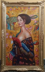 Peinture à l'huile vintage d'après Gustav Klimt Dame 60,96 x H. 101,60 cm - Peinture ancienne authentique d'après l'original - Peint à la main
